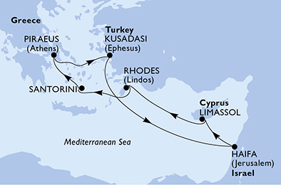 Itinerario Crociera: Atene, Kusadasi, Haifa, Limassol, Rodi, Santorini, Atene